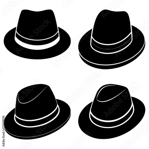 Four black fedora hats with white bands arranged in a square pattern on a white background design element