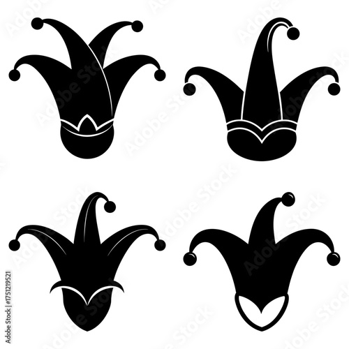 Four black jester hats with bells isolated on a white background in a simple vector graphic design style