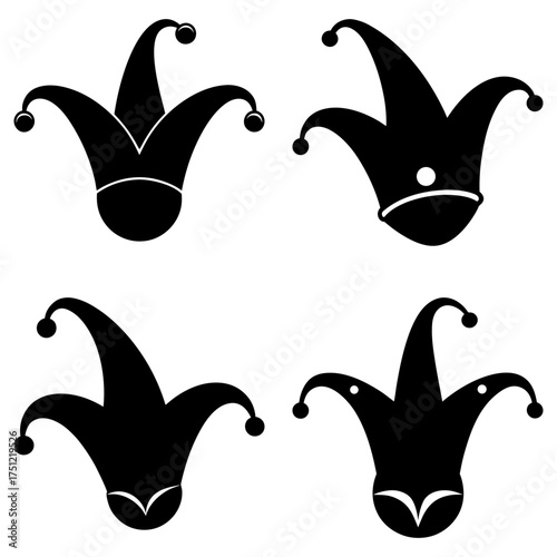 Four jester hats with bells in black and white design, suitable for carnival or festive celebrations