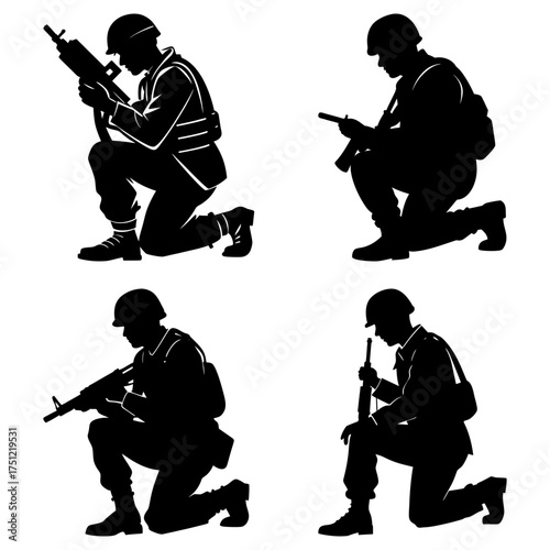 Silhouette illustration showing four soldiers kneeling with rifles in various aiming positions on a white background