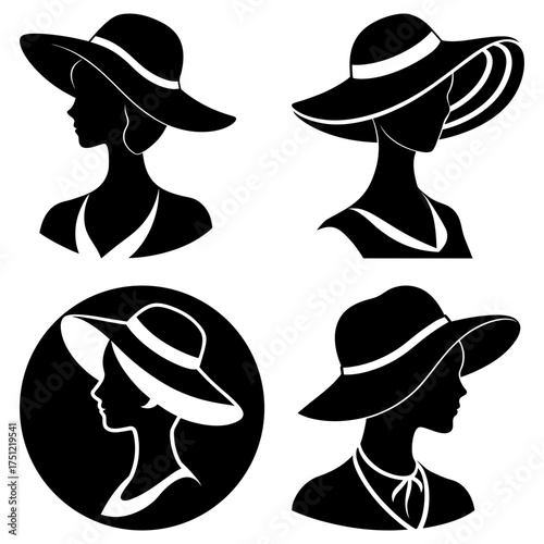 Silhouettes of women wearing wide brimmed hats in various styles and poses on a white background art
