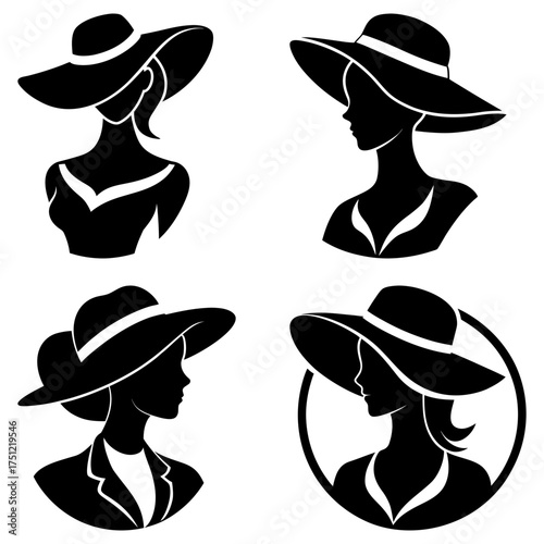 Four silhouette portraits of women wearing wide brimmed hats in various elegant outfits and hairstyles