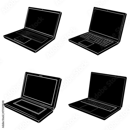 Four black and white laptop computers in different angles with screens open on a white background