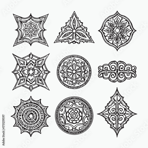 Collection of nine intricate black and white ornamental geometric mandala designs and decorative elements in a grid layout
