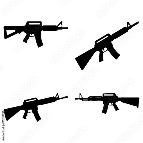 Four black rifle silhouettes arranged on a white background in a square formation with varied orientations