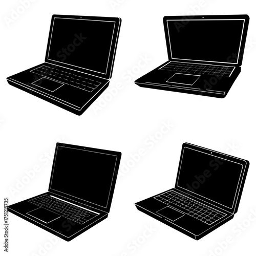 Four black and white laptop computers are displayed in a grid pattern on a white background design
