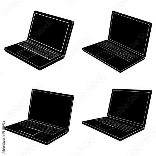 Four black and white laptop illustrations displayed in a grid pattern on a white background image view