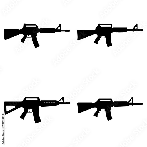 Four black silhouette illustrations of ar 15 style rifles in a grid pattern on a white background