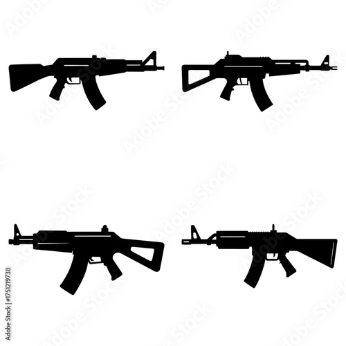 Silhouettes of four assault rifles in a square arrangement against a white background showing firearm designs