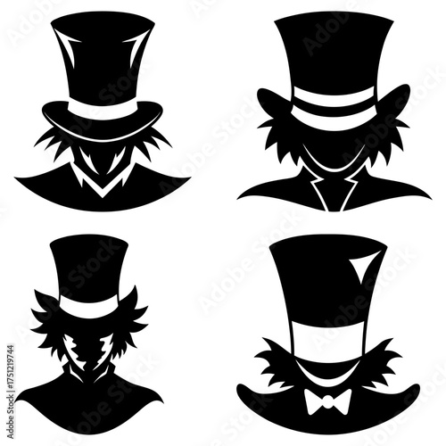 Four stylized depictions of figures wearing top hats in black and white silhouette illustrations art