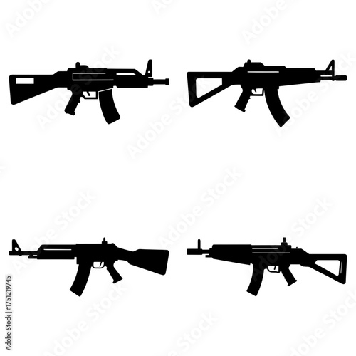 Four black silhouette illustrations of assault rifles with different stock designs on a white background