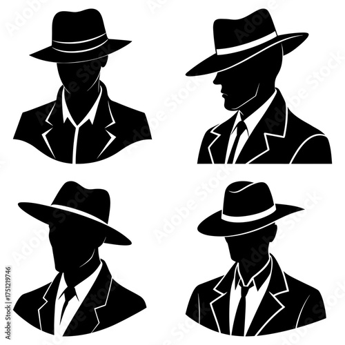 Four silhouettes of men wearing fedora hats and suits in different poses and orientations shown here