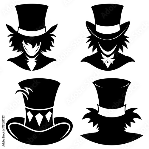 Collection of four stylized black and white top hats with various designs and character silhouettes