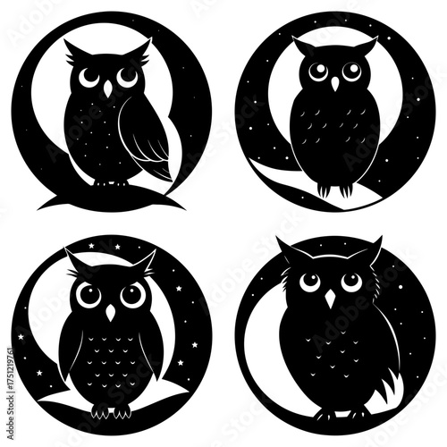 Four owl silhouettes against moon and star backgrounds in circular graphic arrangements that are stylized