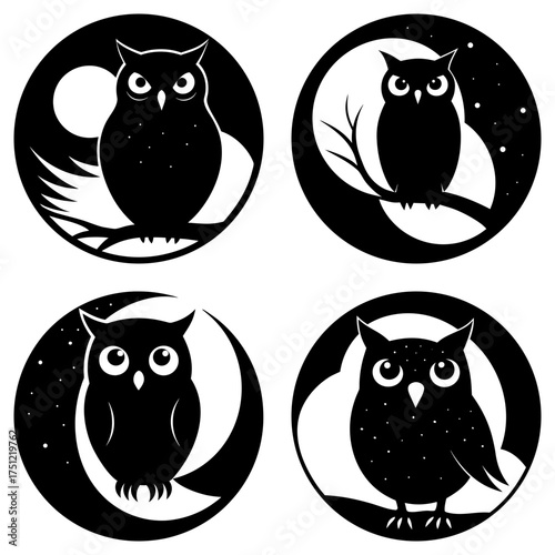 Four circular owl designs in black and white with moon branches and stars in a vector illustration