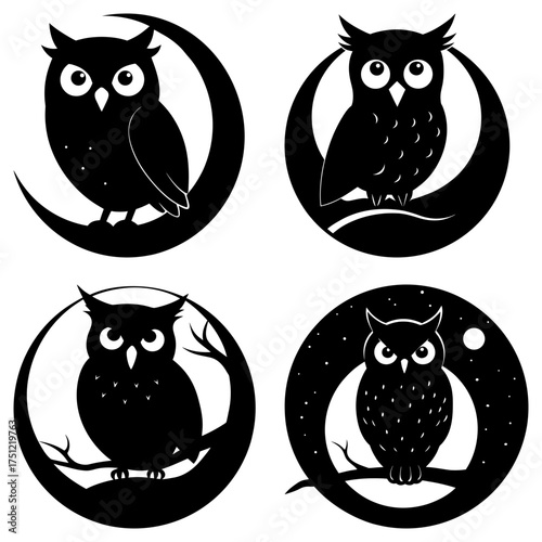 Four owl silhouettes perched on crescent moons and branches in circular designs black and white art