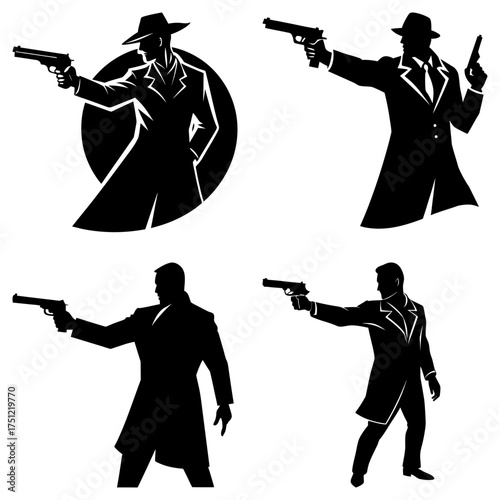 Silhouetted figures of men in suits and hats holding guns in various poses on a white background design