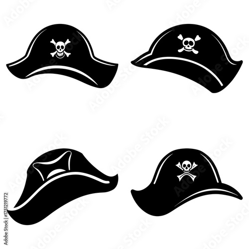 Four black pirate hats with white skull and crossbones in various orientations on a white background