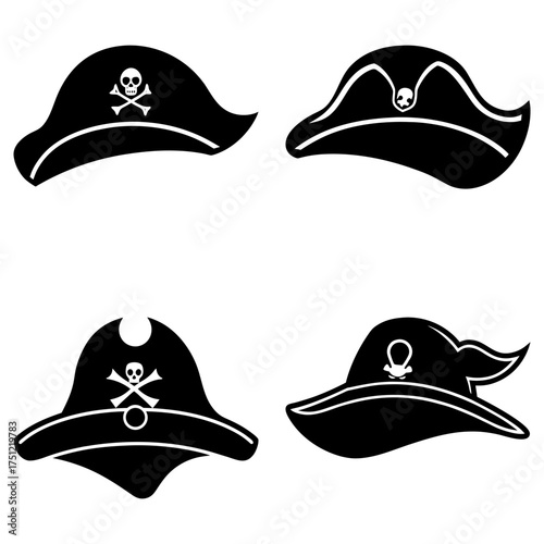 Illustration of four black pirate hats with skull and crossbones on a white background in vector format