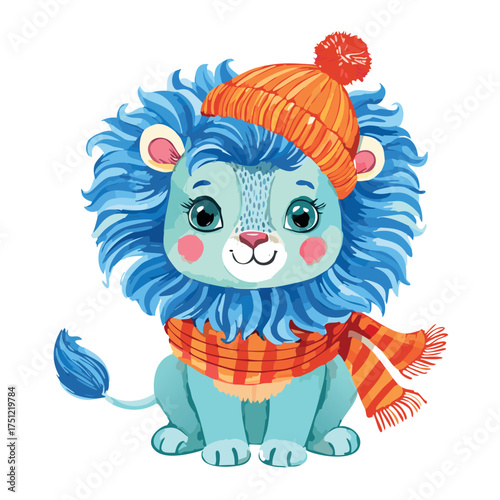 A light blue cute lion with a red wool scarf and a red wool hat.. watercolor clipart, Sharp edges are suitable, perfect for nursery, isoled on white background.