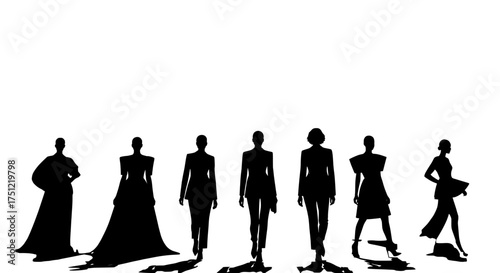 Elegant black silhouettes of diverse fashion models in flowing gowns and stylish attire standing against a clean white background