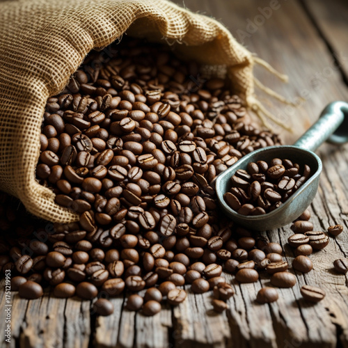 A burlap sack full of coffee beans with a metal scoop, creating a rustic look.
