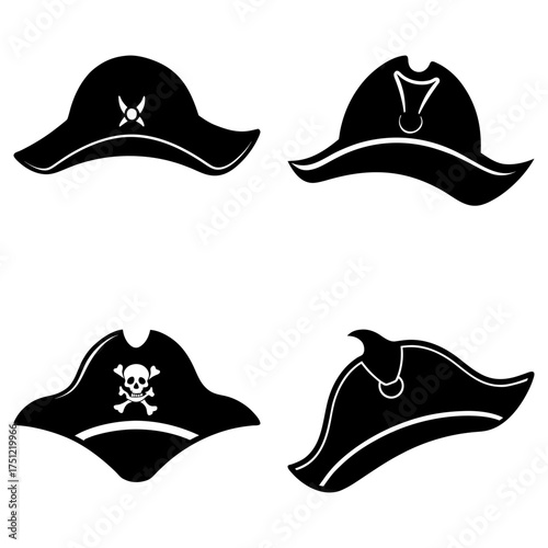 Illustration of four black pirate tricorn hats with various designs on a white background image view