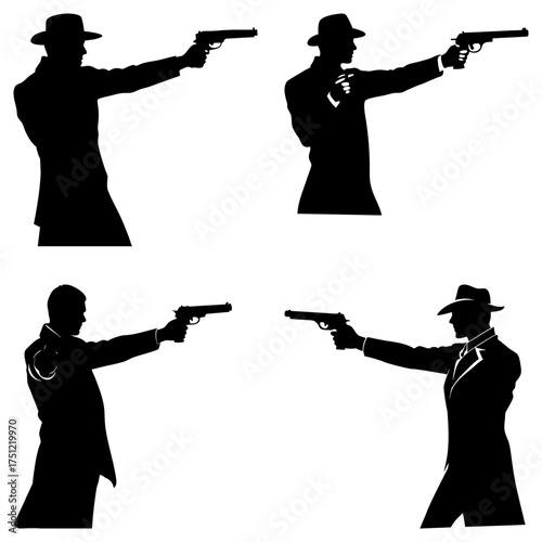 Four silhouette figures of men in hats and coats pointing guns in different directions on white background
