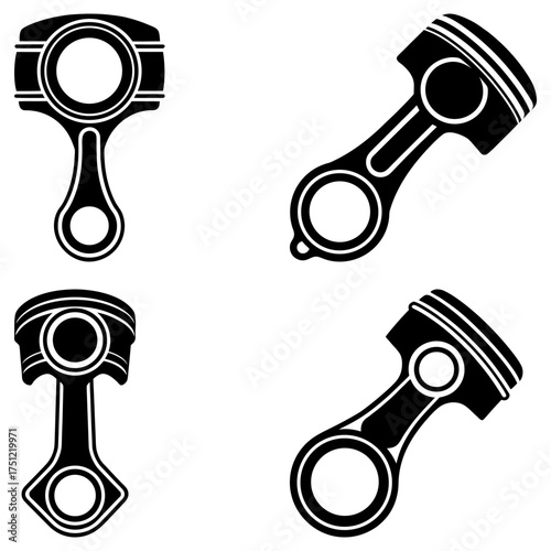 Illustration showing four engine pistons in black and white with connecting rods and circular openings