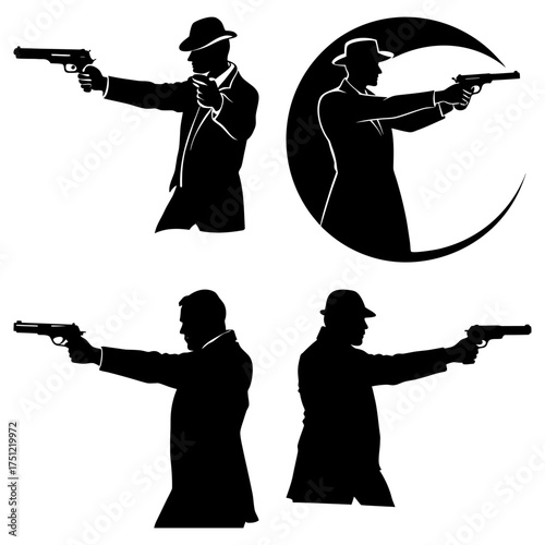 Four silhouette depictions of men in suits and hats holding guns in a black and white design