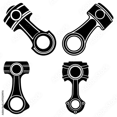 Four black and white piston and connecting rod designs arranged on a white background in a square format