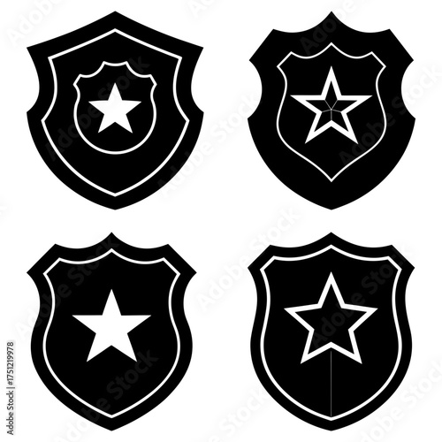 Four black and white shields with stars representing law enforcement and security symbols in a grid format