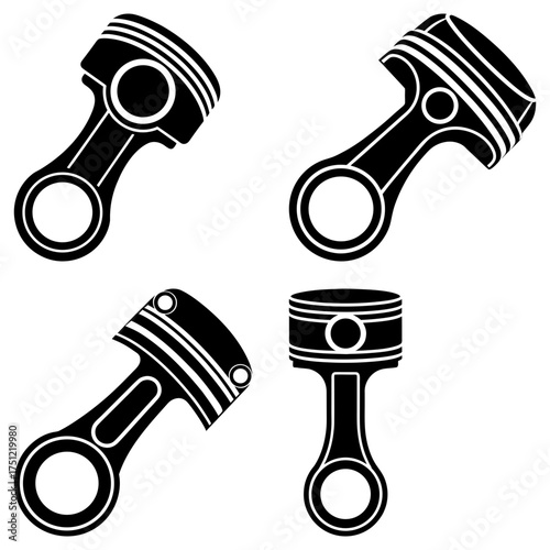 Four black engine pistons in different orientations on a white background display the mechanics parts