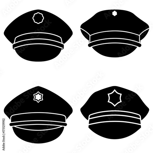 Illustration of four black peaked caps with different badge designs on a white background in silhouette