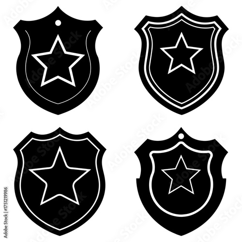 Four black and white police badge icons with a star inside each shield shape in a vector graphic