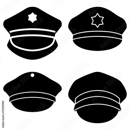 Illustration of four black police hats with different star badges and band designs on a white background