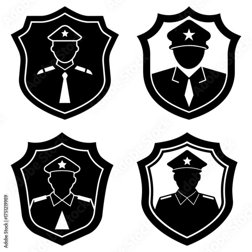 Four police officer emblems displayed in a grid pattern with a shield background and black and white color scheme