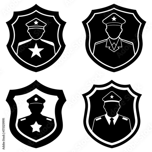 Four black and white shields displaying police officers in uniform with hats and badges in a vector art style