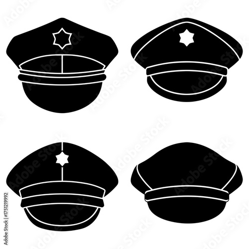 Four black police hats with star badges arranged in a square format on a white background display design