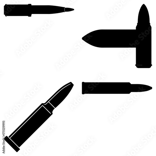 Silhouette illustration showing four bullets in various orientations on a white background design element
