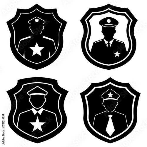 Four police badge icons featuring officer silhouettes with stars in a black and white vector graphic design