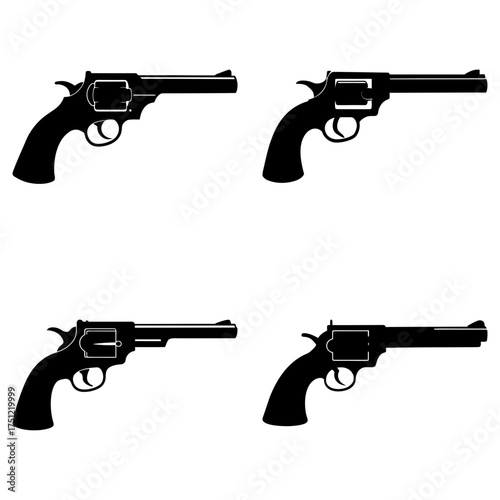 Four black revolver illustrations arranged in a square pattern on a white background showing different angles