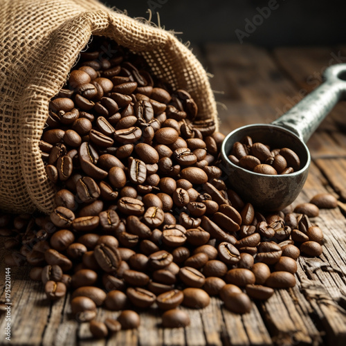 A burlap sack full of coffee beans with a metal scoop, creating a rustic look.
