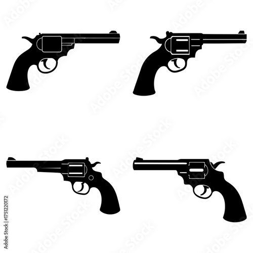 Four black silhouette revolvers arranged on a white background in a symmetrical and organized manner