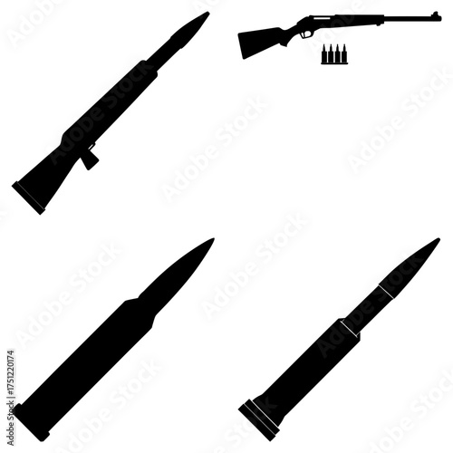 Illustration showing a rifle with bullets and separate bullet silhouettes on a white background design
