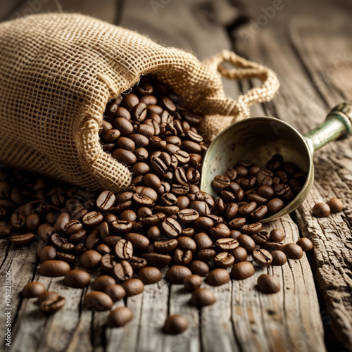 A burlap sack full of coffee beans with a metal scoop, creating a rustic look.
