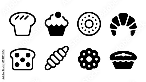 Vector art of bakery icon set featuring various pastries and baked goods, perfect for foodrelated designs and culinary themes