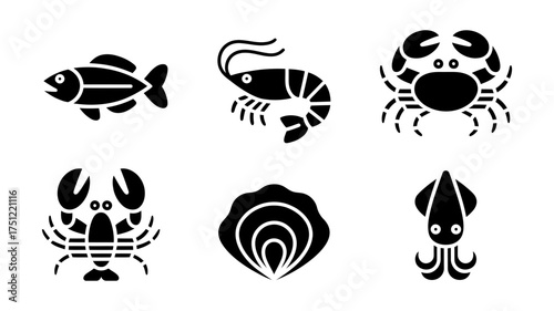 Vector art of seafood icon set featuring fish, shrimp, crab, lobster, oyster, and squid in a simple and modern design style