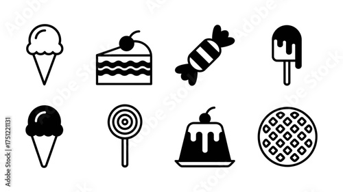 Vector art of collection of various sweet desserts, including ice cream, cake, candy, lollipop, pudding, and waffle in line art style