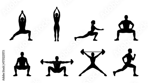 Vector art of set of fitness and workout exercise silhouettes healthy lifestyle and physical activity concept for training